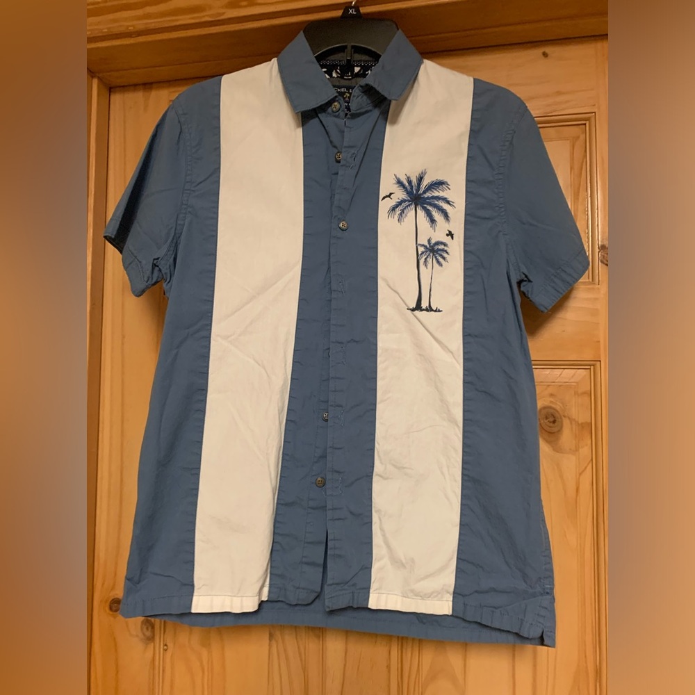 Nickel & Iron Blue and White Casual Button Down Shirt with Palm Tree Graphic